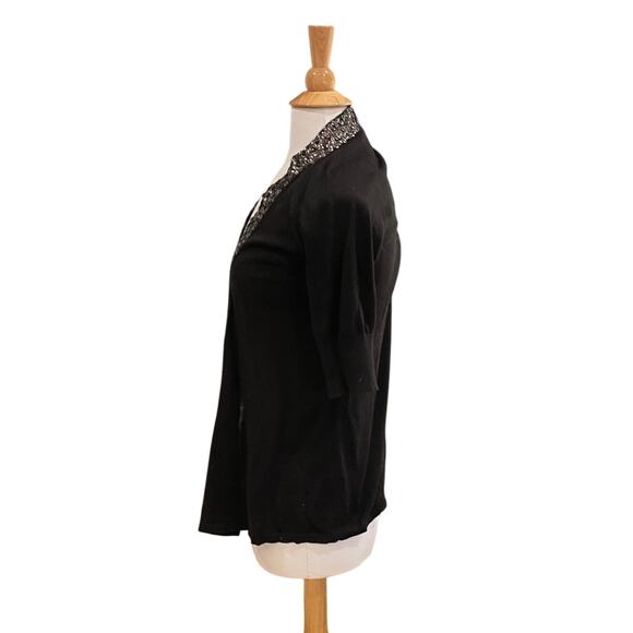 Express Cotton Black Short Sleeve Open Cardigan Sweater, Sequin Trim, Size M - Picture 3 of 11